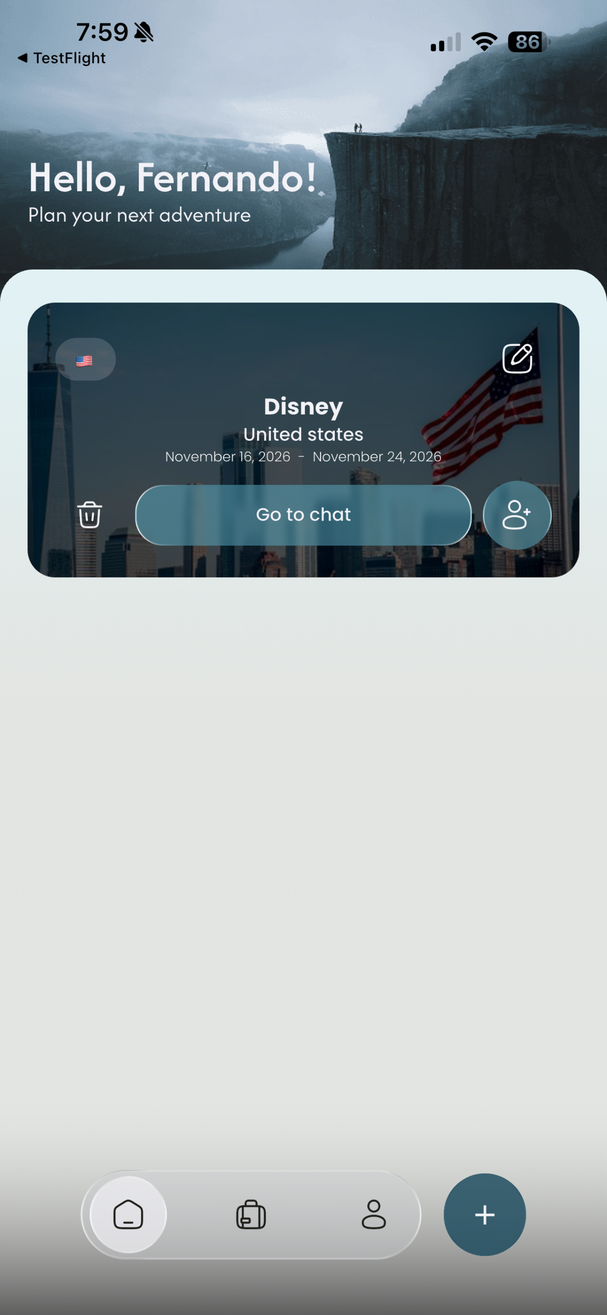 LoCo home showing an existing Disney trip